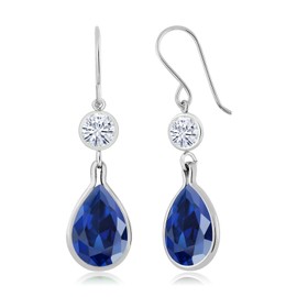 Gem Stone King 12.30 Cttw 925 Sterling Silver Dangle Earrings Set with Pear Shape Blue Simulated Sapphire and Moissanite