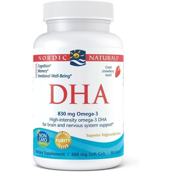 Nordic Naturals DHA, Strawberry - 90 Soft Gels - 830 mg Omega-3 - High-Intensity DHA Formula for Brain & Nervous System Support - Non-GMO - 45 Servings