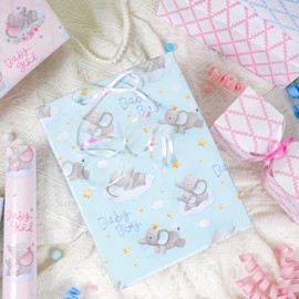 LaRibbons Reversible Baby Boy Wrapping Paper, 17 Inch X 33 Feet, Blue Elephant & Blue Quilted Diamond Design for Baby Shower, Birthday, Party, Holiday