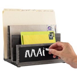 MyGift Vintage Gray Wood Desktop Mail Holder Letter Organizer with 3 Slots and Chalkboard Label, Office Desk Document Filing Folder Storage Rack