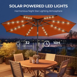 HOMSHADE 10ft Solar Patio Umbrella - Solar Lights LED Lighted Outdoor Market Table Umbrella, UPF50+ UV Protection with Push Button Tilt, Crank for Pool Deck and Garden (Orange)