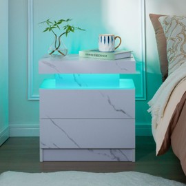 i-aplus Night Stand Set 2 LED Nightstand with 2 Drawers Bedside Table with LED Lights Side Tables for Bedroom Living Room