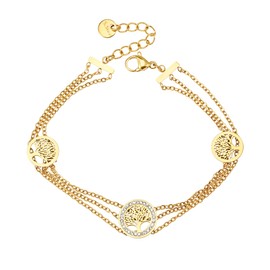 Sylph Dainty Gold Chain Tree of Life Bracelet for Women Adjustable Stainless Steel 14K Real Gold Plated Layered Link Chain Structure Cute Charm Bracelet Trendy Jewelry for Women