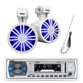 Pyle Marine Receiver, 2x 3.5" Bluetooth LED White Speakers, Remote, Antenna