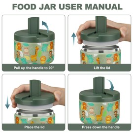 Itslife Thermal Food Container 350 ml Stainless Steel Warming Container, Children's Leak-proof Lunch Container with Buckle Cover, Wide Neck, Insulation, Suitable for Cold and Hot Food, Green Animal