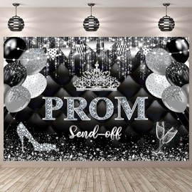 2025 Prom Send Off Backdrop 7x5FT Black Silver Glitter Prom Night Photography Backdrop Congrats Grad Graduation Party Decoration