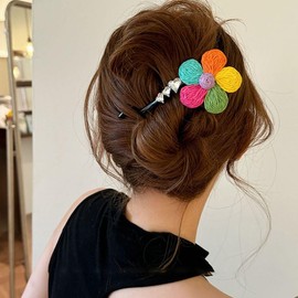 Flat Hair Clips with Flower for Women, Flat Hair Claw Clips for Thick Long Hair, Non-Slip Hair Barrettes with Flower for Women Flat Hair CLips with Hook Flat Hair Clips with Small Teeth, Rainbow Color