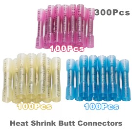 300PCS 22-10 AWG Waterproof Heat Shrink Butt Wire Connectors Crimp Terminals