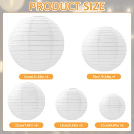 Druuzyl Paper Lantern, Pack of 30 Lanterns, White Paper Lantern, Hanging Round Paper Lanterns, DIY Paper Lantern for Wedding, Birthday, Garden Decoration (10/15/20/25/30 cm, 6 of Each Item)