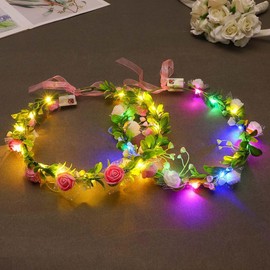 Vakkery LED Flower Crown Headband, Luminous Flower Garland Headbands, Floral Wreath Headpiece, Halloween, Christmas, Festival, Hair Accessories for Women and Girls (Pack of 2)