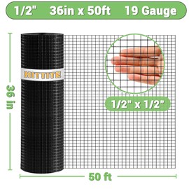 HITTITE Hardware Cloth 1/2 inch 36 x 50 ft, 19 Gauge Welded Black PVC Coated Wire Mesh, Galvanized Welding Chicken Wire Fence Mesh for Chicken Coop and Home Improvement Projects.
