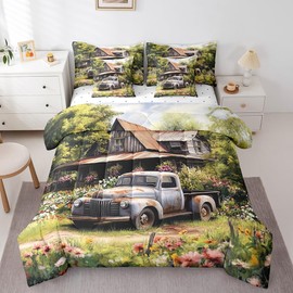7 Pieces King Size Retro Truck Comforter Set,Wooden Cabin Farmhouse Bedding Set for Boys Girls,Botanical Flowers Spring Rustic Nature (Comforter+Fitted+Flat Sheet+2 Pillowcases+2 Throw Pillow Covers)