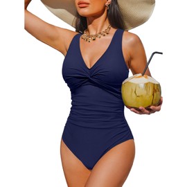 Holipick Traje de baño de una pieza para mujer, cuello en V, estilo vintage, con control de abdomen, monokini adelgazante, Azul marino, XL