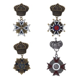 SUPERFINDINGS 4 Pieces 4 Styles Crown Medals Alloy Enamel Brooch Pins Military Medal Badge Antique Bronze Uniform Costume Accessory for Army Soldier Costume Coat Jacket Backpack, Metal