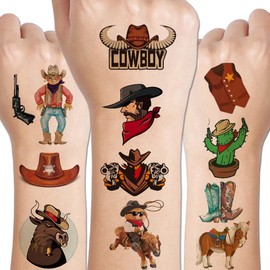 CHARLENT Cowboy Temporary Tattoos for Children, 100 Pieces Western Cowboy Temporary Tattoos for Boys Birthday Party Gifts