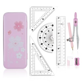 Maths Set | Compass Maths Protractor and Compass Set | Triangle Ruler Protractor Rubber Pen Geometry Sets with Storage Tin | Maths Sets for Secondary School (8Pcs Pink)
