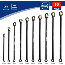 WORKPRO Extra Long Ratcheting Wrench Set, 10-Piece Anti-Slip Double Box Wrenches Set, Metric 8-19 mm, 72-Teeth, Cr-V Steel and Black Electrophoretic Coating Wrenches with Rolling Pouch