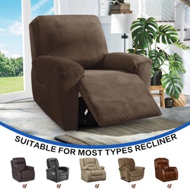 MAXIJIN Velvet 4 Piece Recliner Cover Stretch Plush Soft Recliner Chair Covers Thick Soft Reclining Chair Slipcovers Furniture Protector with Side Pocket for Kids, Pets (Recliner,Dark Coffee)
