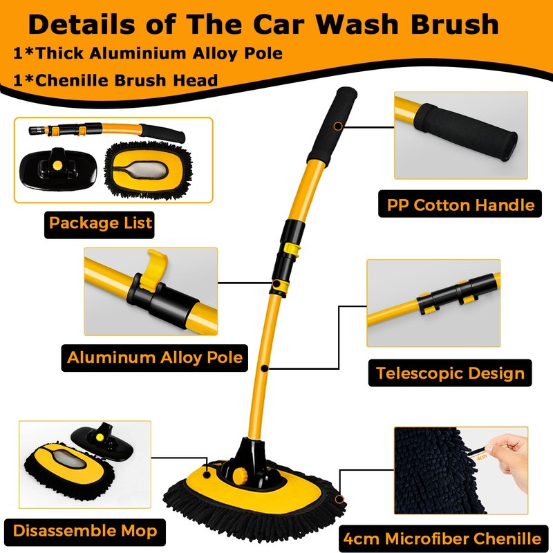 15°Curved Car Wash Brush with Long Handle 43" Extension Pole