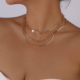 Chargances Dainty Rhinestone Paperclip Safety Pin Pendant Choker Layered Crystal Snoke Bone Chain Necklace Fashion Adjustable Paperclip Chian Neckalce for Women Girls Gift Party (Gold)