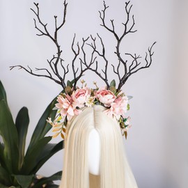 MOSTORY Pink Flower Antler Headband - Floral Branch Headpiece for Woodland Fairy Costume Women, Forest Branch Headband for Fairycore Cosplay Tree Costume Renaissance Accessories Fairytale