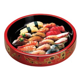 Red with Traditional Art Sushi Serving Tray - Round Sashimi Platter & Seafood Dish, Japanese Lacquered Plastic Tray for Weddings, Parties, BBQs, & Events with Ice Compartment - Large (11.5 Inch)