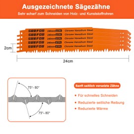 SURFOU Reciprocating Saw Blades Pack of 5 Saw Blades Reciprocating Saw Blades 240 mm 5TPI, Saw Blade Reciprocating Saw Blade Wood Reciprocating Saw Blades Green Wood Saw Blade Set