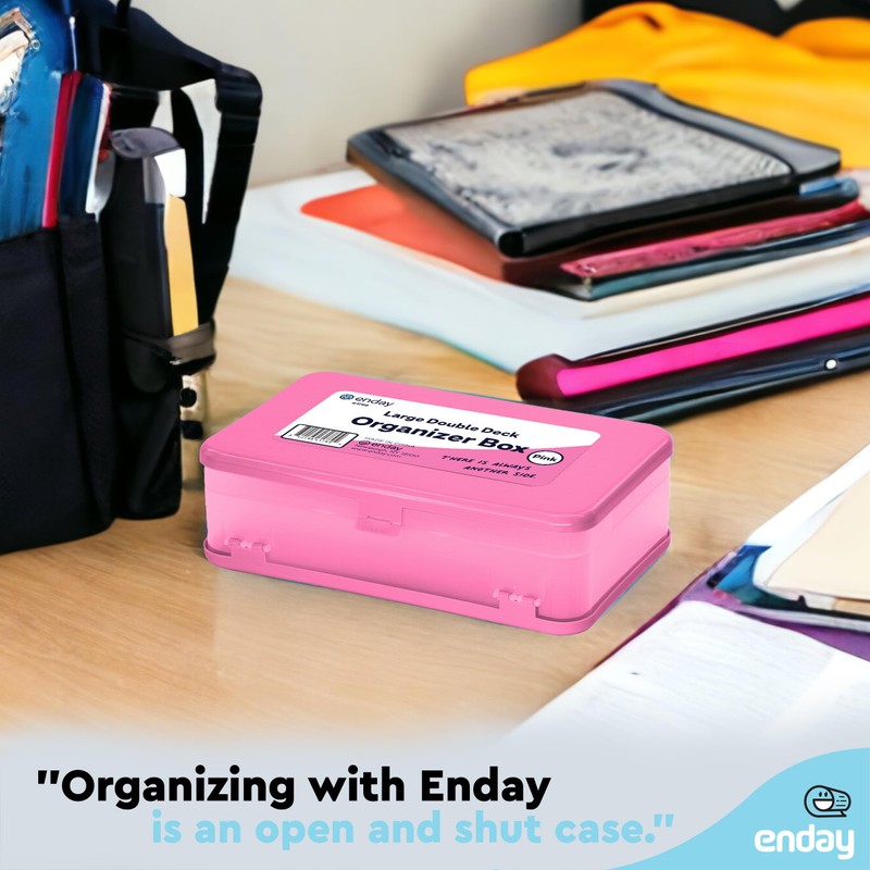 Enday Pencil Box Pink, Large Capacity Plastic Double Deck Box