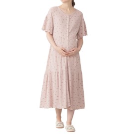 ANGELIEBE Maternity Nursing Pajamas, Telecom, Petite Floral Print, Tiered, Open Front, Short Sleeve, Nightgown, Pregnancy, Pregnancy Clothes, Loose Fit, Pink