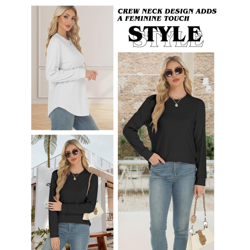 AURUZA Long Sleeve Shirts for Women, Crew Neck Side Split