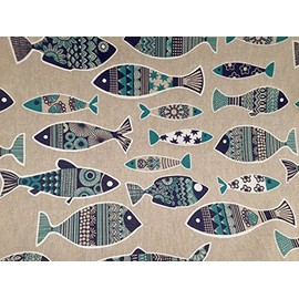 Blue Fish Marine Fabric - Linen Look Material for Curtain Upholstery - 55 inches Wide Canvas (Sold by The Metre) (Blue)