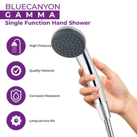 Blue Canyon Gamma Single Function Hand Shower + 1.5m Hose & Bracket, Chrome Shower Kits & Riser Rails, High-Pressure Water Flow, Adjustable Shower Handset, Shower Head and Hose Set Rail