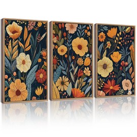 KUVIOKE Vintage Flower Framed Wall Art Colorful Boho Floral Wall Decor Botanical Retro Wildflower Modern Artwork Bedroom Living Home Decor 11x14in (Natural Framed)