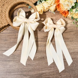 Aileam Hair Clip, 2PCS Hair Bows for Women Hair Clip Beige Silky Satin Ribbon Accessories with Metal Clips for Women Girls Toddlers Teens Kids