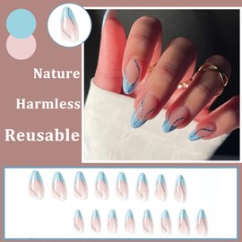 Ceboic Pack of 24 Almond Nails for Sticking Short, Glossy French Blue Waves Artificial Nails, Nude Glitter Stiletto Acrylic Artificial Nails, Press On Nails, Fingernails, Fake Nails for Women and