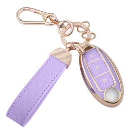 Seedwee for Nissan 3 Buttons Key fob Cover, Soft TPU Keys Protector Bling Key Fob Keychain for Rogue Armada Pathfinder Versa Smart Key, Gold Purple