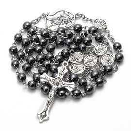 Rosary Beads Catholic for Men Women, Black Hematite Stone Beads, St Michael the Archangel & Guardian Angel Medal with Metal Gift Box and 18PCS Payer Cards - Faith Jewelry for Prayer & Spiritual Gifts