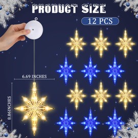 Baquler 12 Pcs Bethlehem Christmas Window Star Lights Star Window LED Decoration Bethlehem Christmas Silhouette Hanging Window Lights with Suction Cups for Xmas Decoration(Warm Yellow, Blue Light)