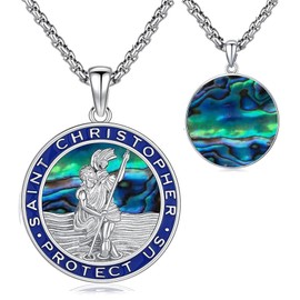 St Christopher Necklace Mens Womens, Saint Christopher Medal Pendant for Car Necklace, Amulet Necklace Mens Silver Chain With Pendant Retro Religious Christian Amulet Pendant Jewelry Gift, Blue