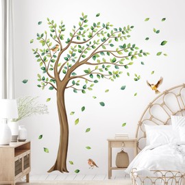 Tanlaby Large Tree Wall Sticker Green Leaves Birds Wall Stickers Peel and Stick Falling Leaves Art Wall Decoration for Children Girls Children's Room Bedroom Living Room