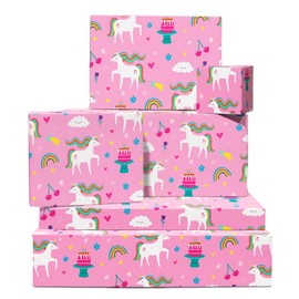 CENTRAL 23 Unicorn Wrapping Paper Birthday Girl - 6 Sheets Of Gift Wrap - Unicorns And Rainbow - Flower Star Heart - Pink Wrapping Paper For Kids - Comes With Stickers - Recyclable