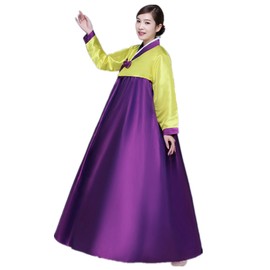 XINFU Women's Korean Traditional Hanbok Sets Long Sleeve Colorful Cosplay Costume Dress, Yellowpurple, Large
