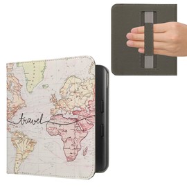 kwmobile Flip Case Compatible with Kobo Kobo Libra Colour / Tolino Vision Colour Case - Flip Case for eReader with Hand Strap - Travel Lettering Black Multicoloured