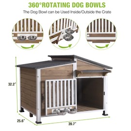 Dog House Outdoor for Large Breed with Anti-Chewing Iron Frame, Weatherproof Puppy Kennel with 360° Rotating Bowls, Dog Crate for Small & Medium Dogs Outside (Light Brown)