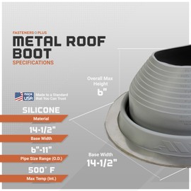 Fasteners Plus #7 Round Silicone Metal Roof Pipe Flashing Boot (Made in USA), Fits 6” - 11” Pipe OD, Gray High Temp Silicone Chimney Boot for Metal Roof