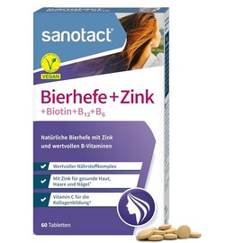 sanotact Brewer's Yeast + Zinc (60 Tablets) • For Skin, Hair & Nails • Vitamin Complex with Brewer's Yeast, Zinc, Biotin, Vitamin B12, B6 & Vitamin C • Skin & Hair Vitamins • 100% Vegan