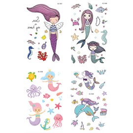 PowerTRC Temporary Tattoos Mermaid Cartoon For Kids, 12 Sheets Set, With 4 Unique Sheet Styles, Easy To Apply And Remove Fake Tattoos, Birthday Party Supplies, Ocean Theme For Boys And Girls