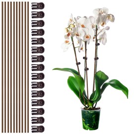 10Pcs Plant Support Stakes with 15Pcs Plant Clips, 15.75inch Tall Bendable Single Stem Sticks Orchid Clips Brown Helps Growth for Indoor Outdoor Flowers Rose Amaryllis