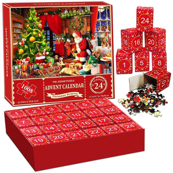 Puzzle Advent Calendar 2024, 24 Boxes 1008Pcs Christmas Advent Calendar