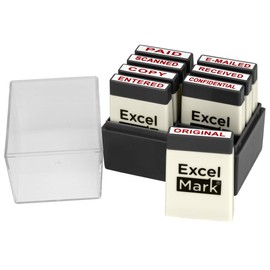 ExcelMark Mini Office Message Rubber Stamp Set - Red Ink - Storage Tray Included